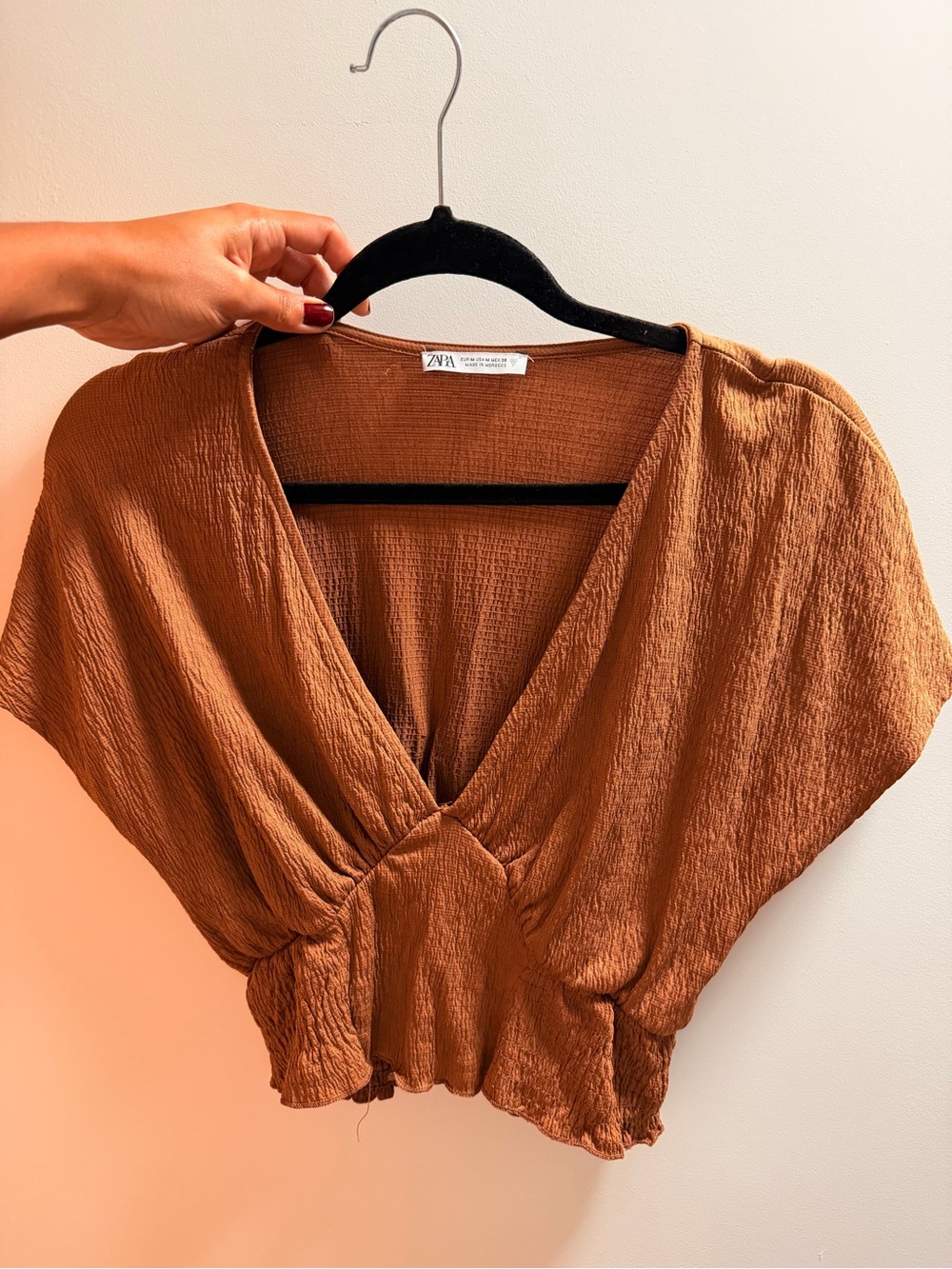 ZARA Burnt Orange Textured V-Neck Gathered Crop Top
